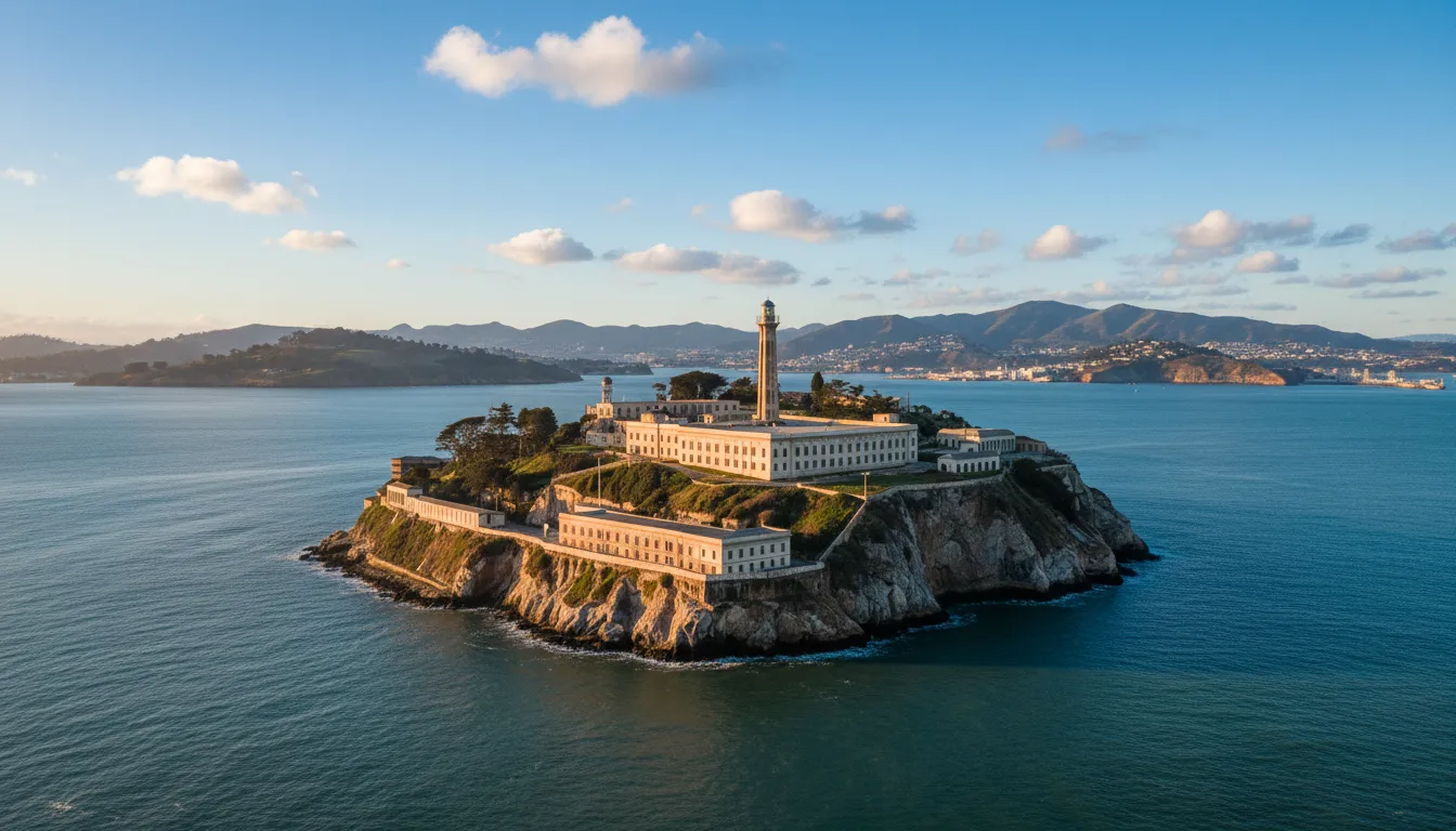 Aerial view of Alcatraz Island in San Francisco Bay with cellhouse and lighthouse